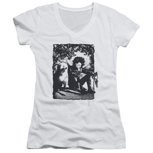 Edward Scissorhands Lucky Dog Junior Sheer Cap Sleeve V-Neck Womens T Shirt White