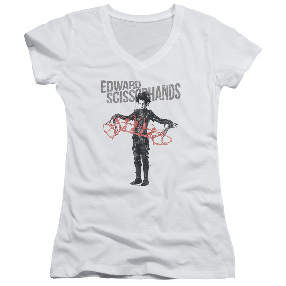 Edward Scissorhands Show & Tell Junior Sheer Cap Sleeve V-Neck Womens T Shirt White