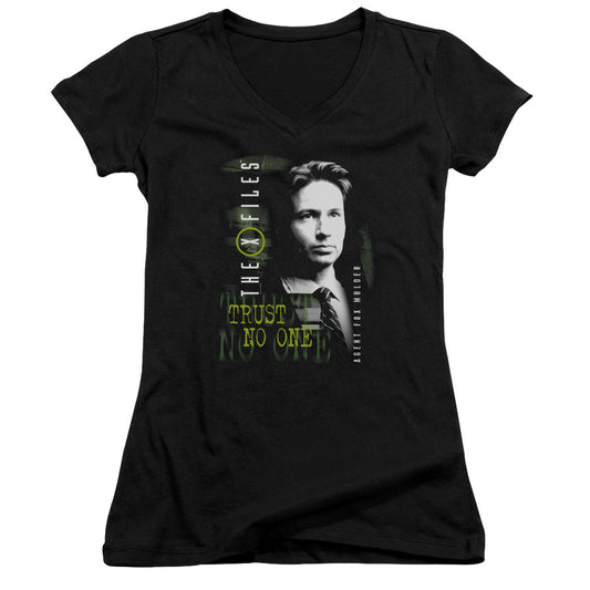 X Files Mulder Junior Sheer Cap Sleeve V-Neck Womens T Shirt Black