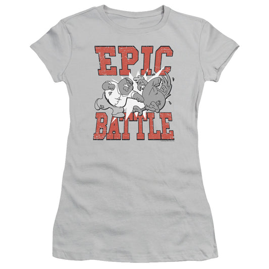 Family Guy Epic Battle Junior Sheer Cap Sleeve Womens T Shirt Silver