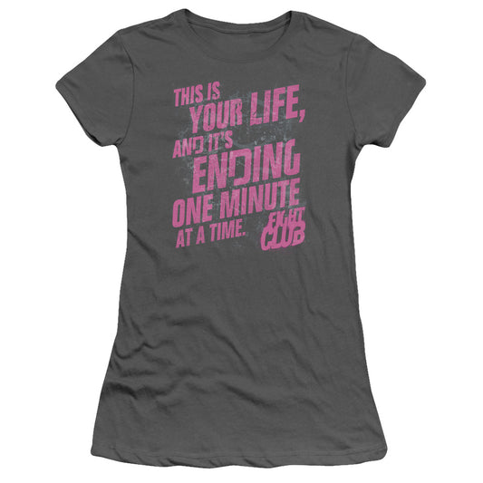 Fight Club Life Ending Junior Sheer Cap Sleeve Womens T Shirt Charcoal