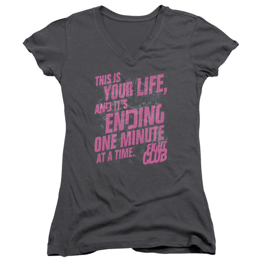 Fight Club Life Ending Junior Sheer Cap Sleeve V-Neck Womens T Shirt Charcoal