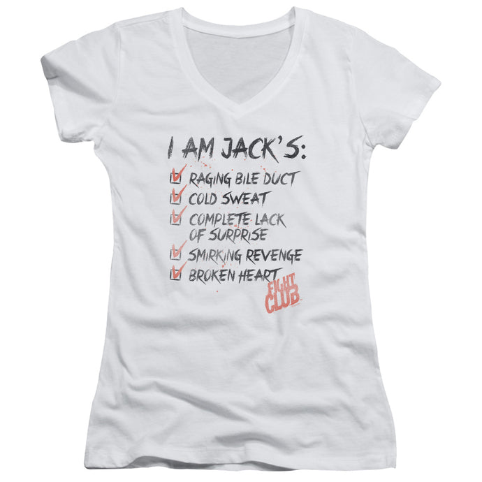 Fight Club Jacks Junior Sheer Cap Sleeve V-Neck Womens T Shirt White