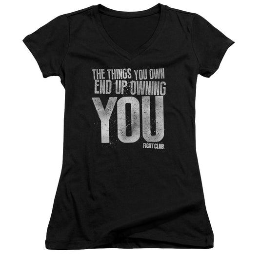 Fight Club Owning You Junior Sheer Cap Sleeve V-Neck Womens T Shirt Black