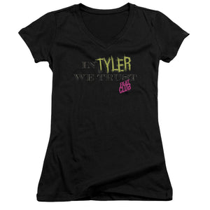 Fight Club In Tyler We Trust Junior Sheer Cap Sleeve V-Neck Womens T Shirt Black