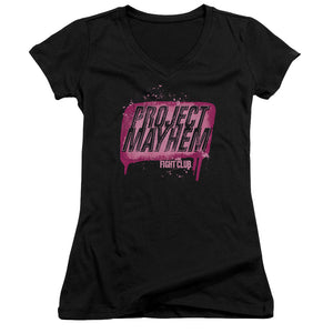 Fight Club Project Mayhem Junior Sheer Cap Sleeve V-Neck Womens T Shirt Black
