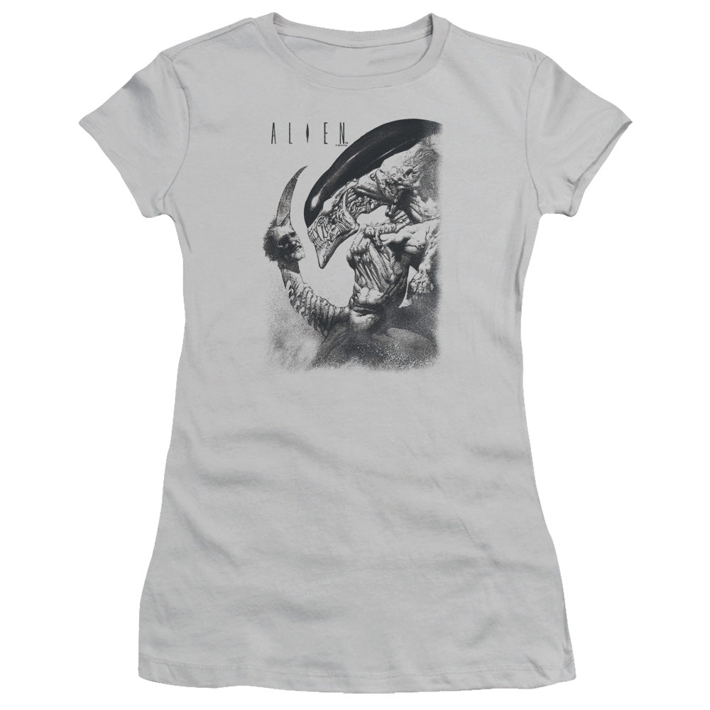 Alien Decapitated Junior Sheer Cap Sleeve Womens T Shirt Silver