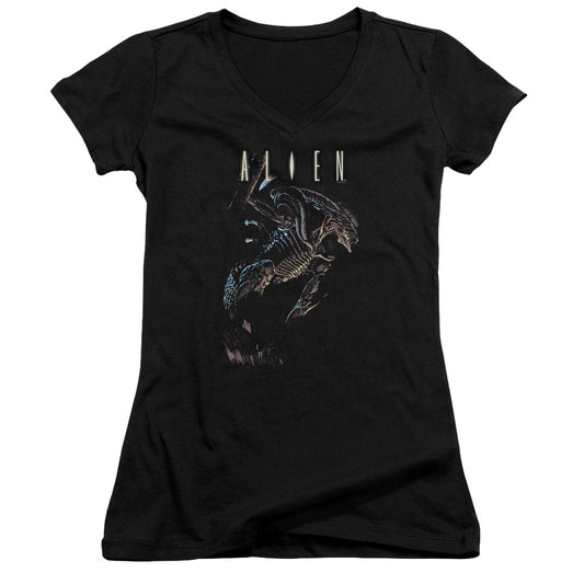 Alien Form And Void Junior Sheer Cap Sleeve V-Neck Womens T Shirt Black