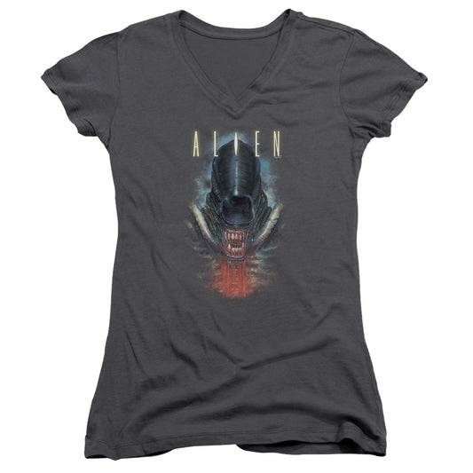 Alien Bloody Jaw Junior Sheer Cap Sleeve V-Neck Womens T Shirt Charcoal