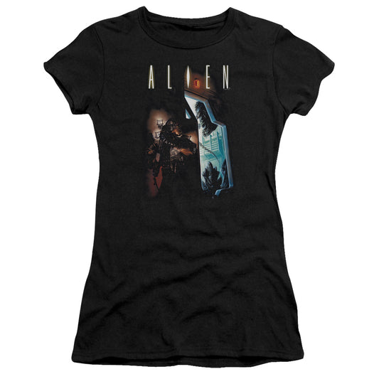 Alien Around The Corner Junior Sheer Cap Sleeve Womens T Shirt Black