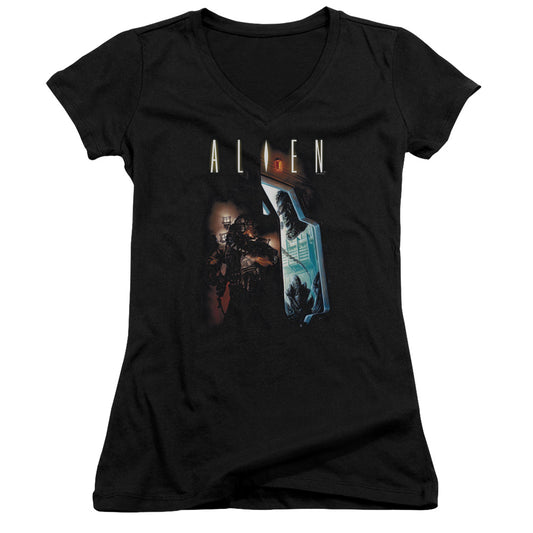 Alien Around The Corner Junior Sheer Cap Sleeve V-Neck Womens T Shirt Black