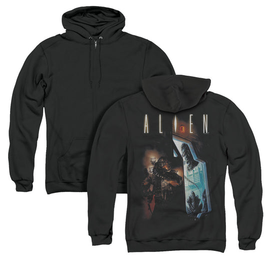 Alien Around The Corner Back Print Zipper Mens Hoodie Black