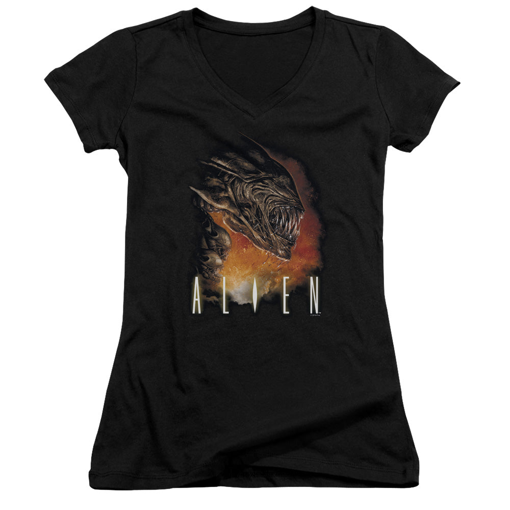 Alien Fangs Junior Sheer Cap Sleeve V-Neck Womens T Shirt Black