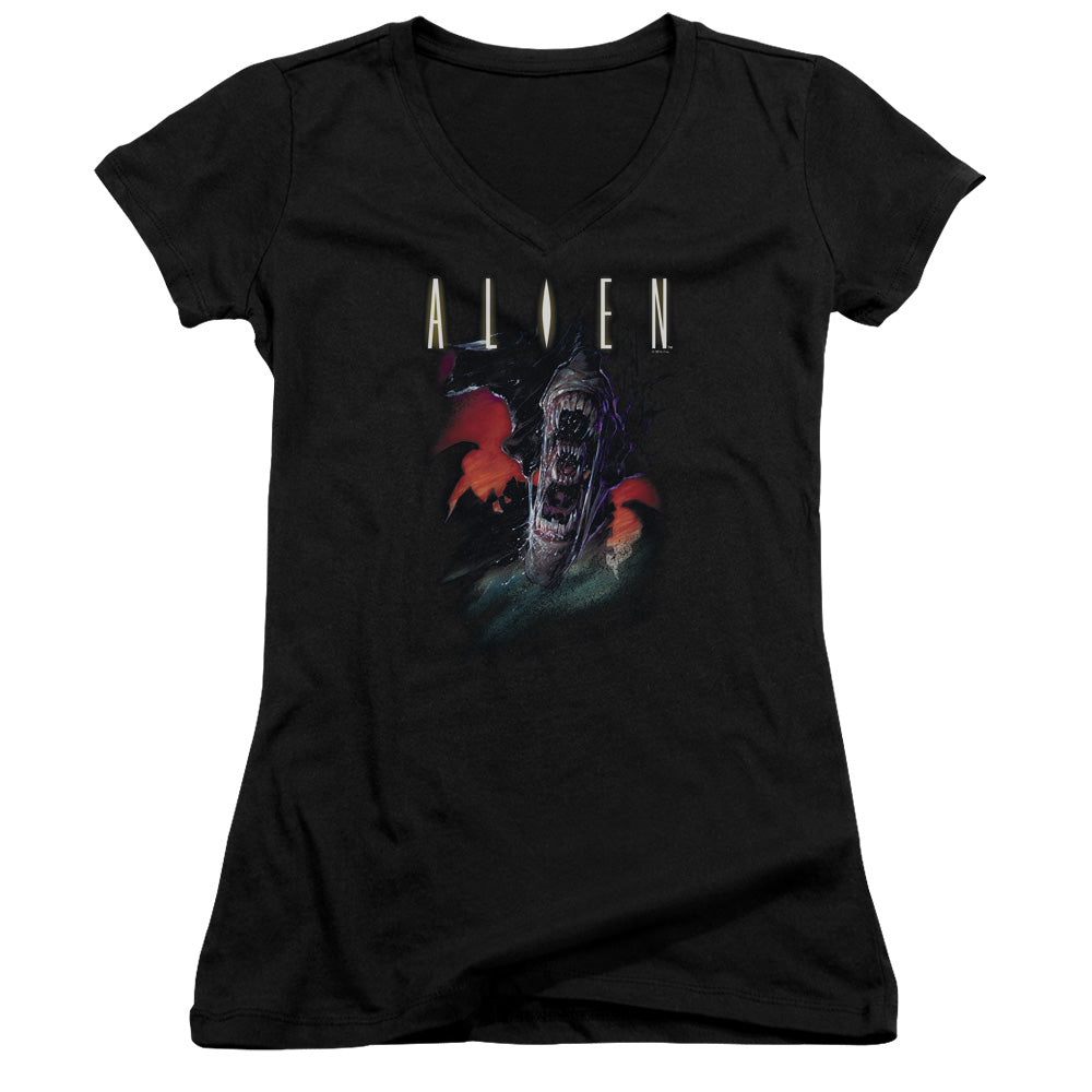 Alien Queen Junior Sheer Cap Sleeve V-Neck Womens T Shirt Black