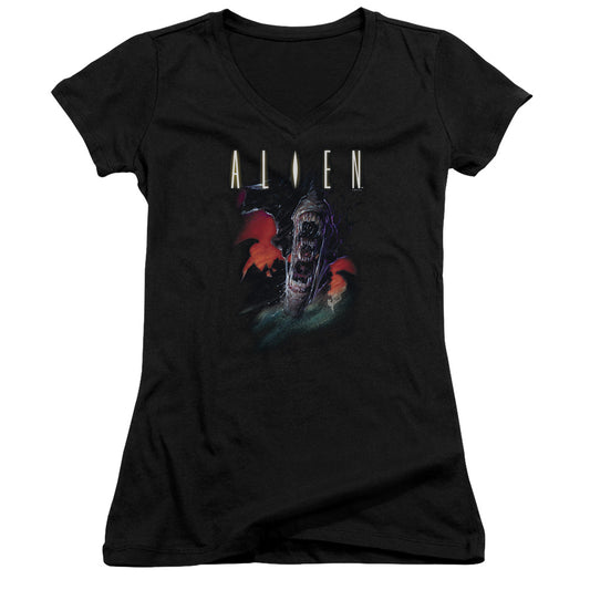 Alien Queen Junior Sheer Cap Sleeve V-Neck Womens T Shirt Black