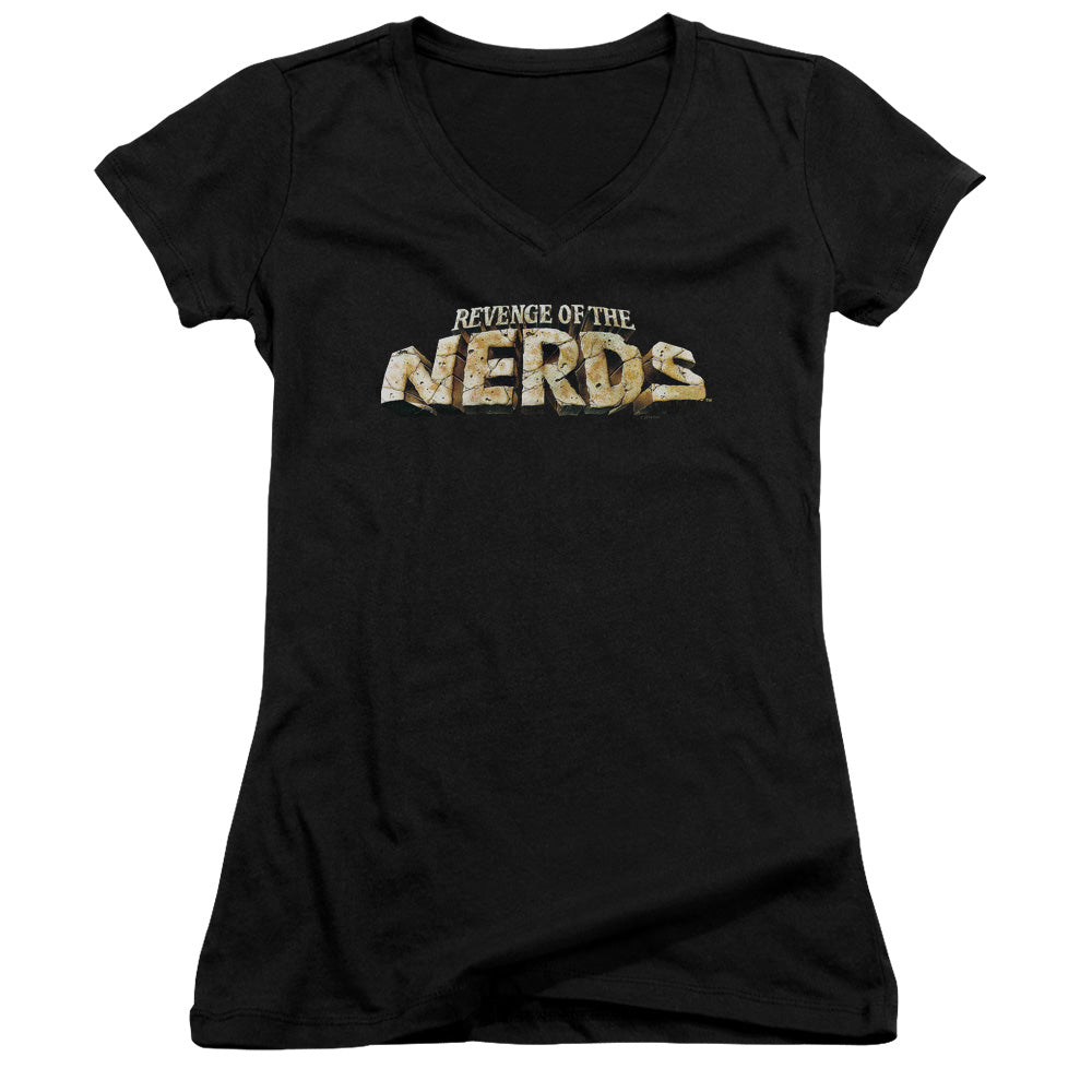 Revenge Of The Nerds Logo Junior Sheer Cap Sleeve V-Neck Womens T Shirt Black