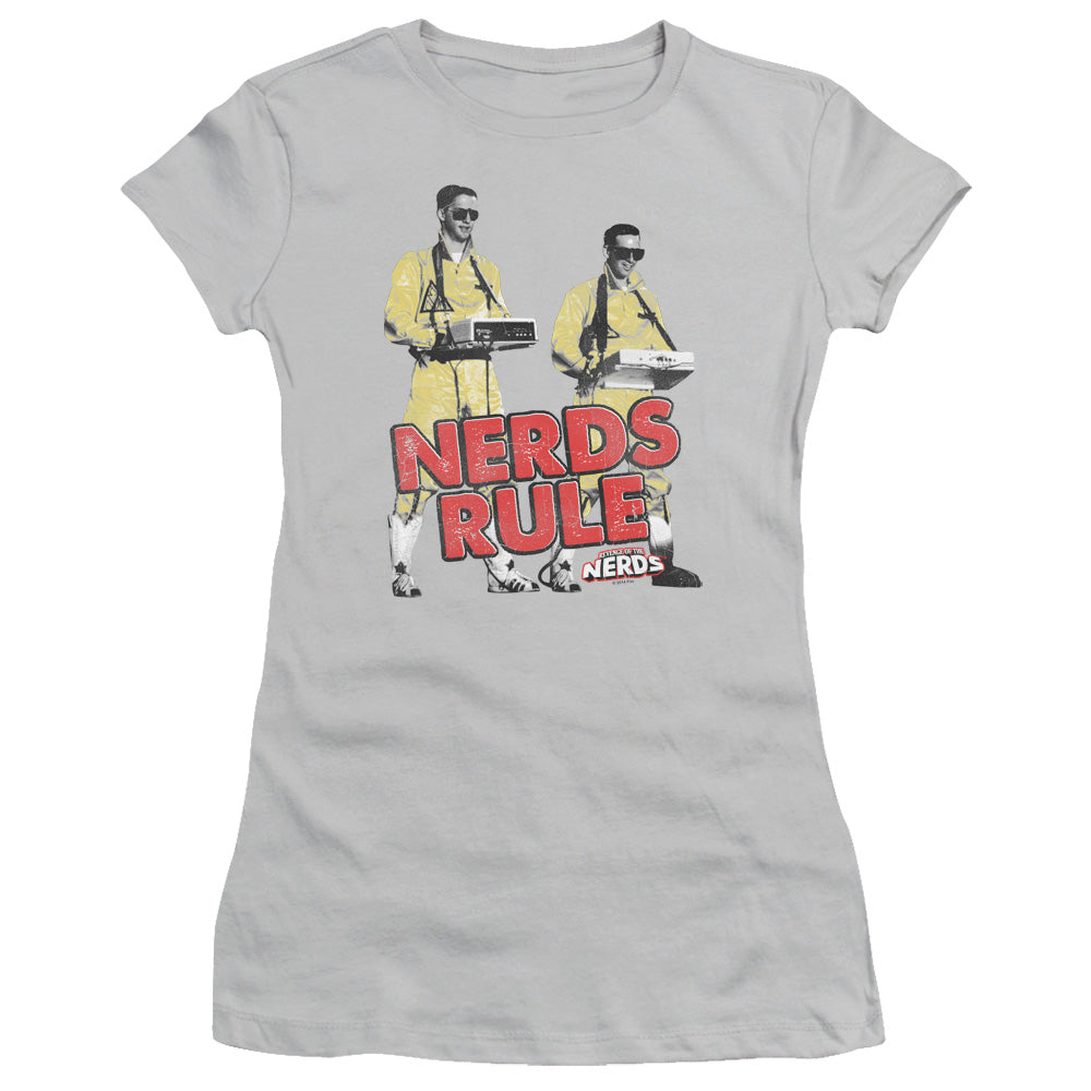 Revenge Of The Nerds Nerds Rule Junior Sheer Cap Sleeve Womens T Shirt Silver