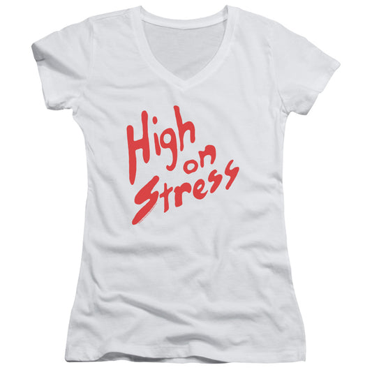 Revenge Of The Nerds High On Stress Junior Sheer Cap Sleeve V-Neck Womens T Shirt White