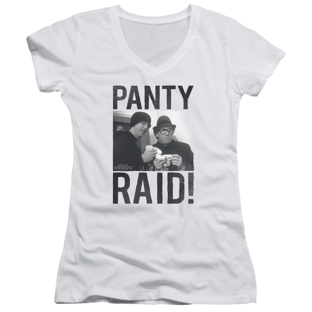 Revenge Of The Nerds Panty Raid Junior Sheer Cap Sleeve V-Neck Womens T Shirt White