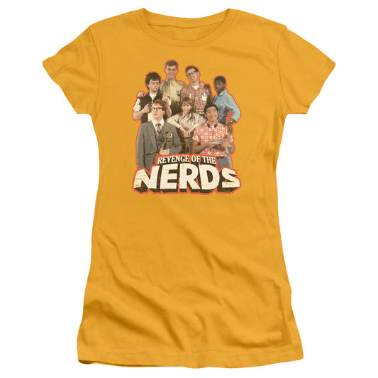 Revenge Of The Nerds Group Of Nerds Junior Sheer Cap Sleeve Womens T Shirt Gold