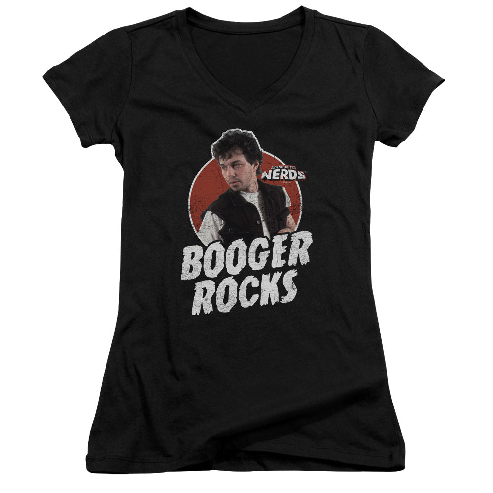 Revenge Of The Nerds Booger Rocks Junior Sheer Cap Sleeve V-Neck Womens T Shirt Black