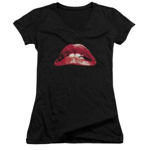 The Rocky Horror Picture Show Classic Lips Junior Sheer Cap Sleeve V-Neck Womens T Shirt Black