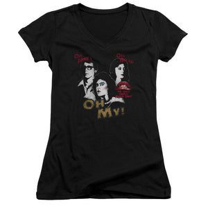 The Rocky Horror Picture Show Oh 3 Ways Junior Sheer Cap Sleeve V-Neck Womens T Shirt Black