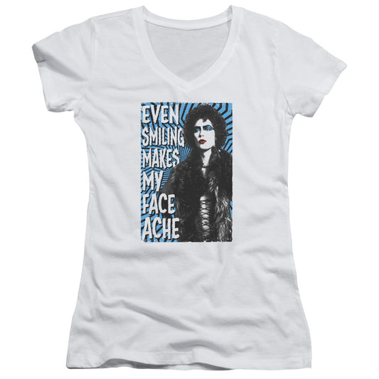 The Rocky Horror Picture Show Face Ache Junior Sheer Cap Sleeve V-Neck Womens T Shirt White