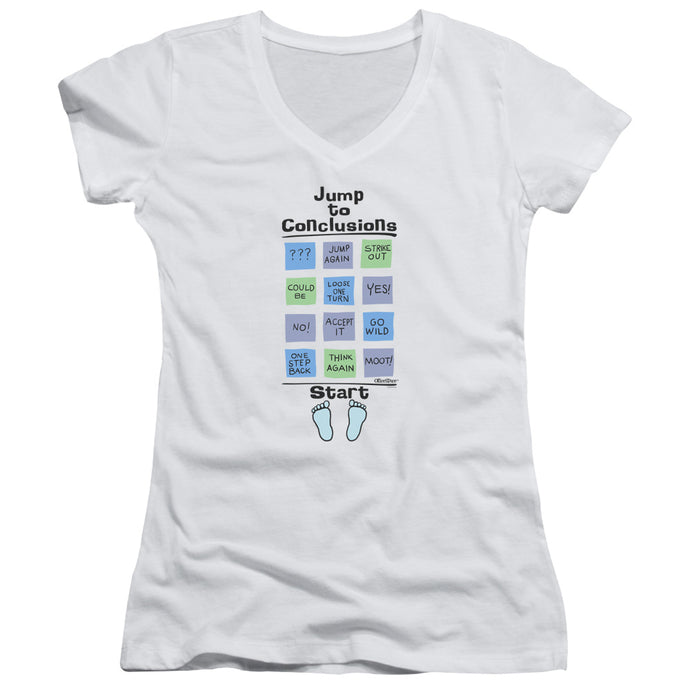 Office Space Jump To Conclusions Junior Sheer Cap Sleeve V-Neck Womens T Shirt White