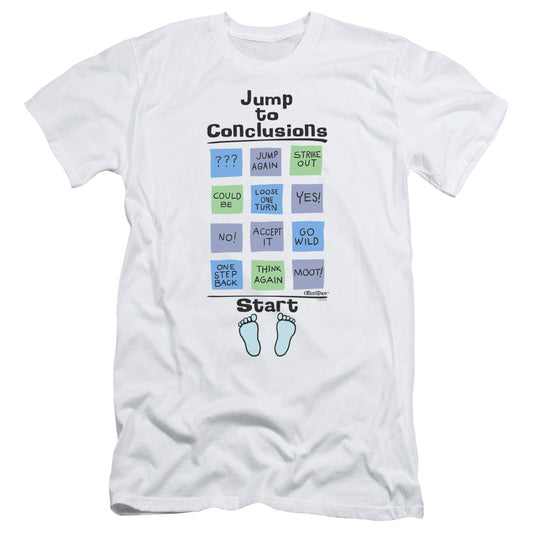 Office Space Jump To Conclusions Slim Fit Mens T Shirt White