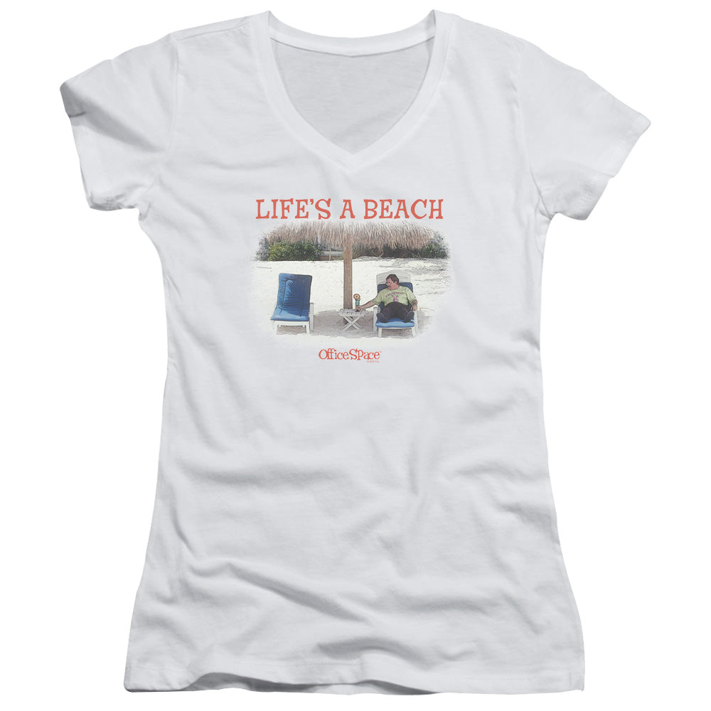 Office Space Lifes A Beach Junior Sheer Cap Sleeve V-Neck Womens T Shirt White