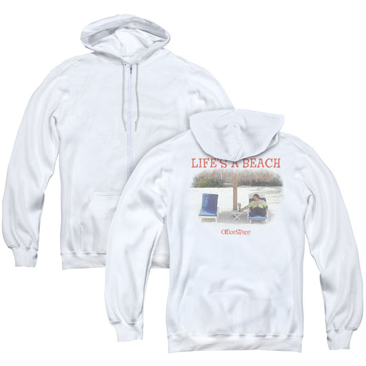 Office Space Lifes A Beach Back Print Zipper Mens Hoodie White