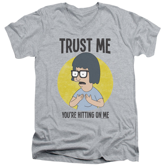 Bobs Burgers Trust Me Mens Slim Fit V-Neck T Shirt Athletic Heather