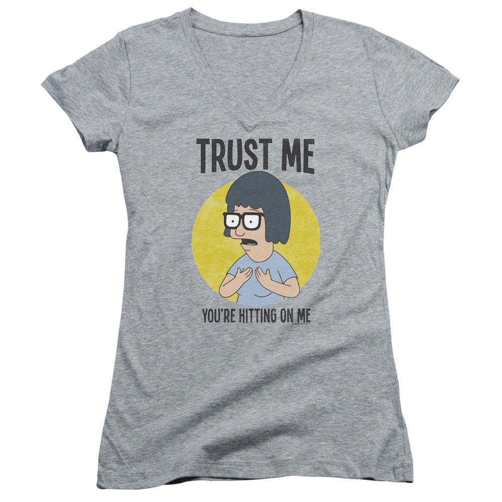 Bobs Burgers Trust Me Junior Sheer Cap Sleeve V-Neck Womens T Shirt Athletic Heather