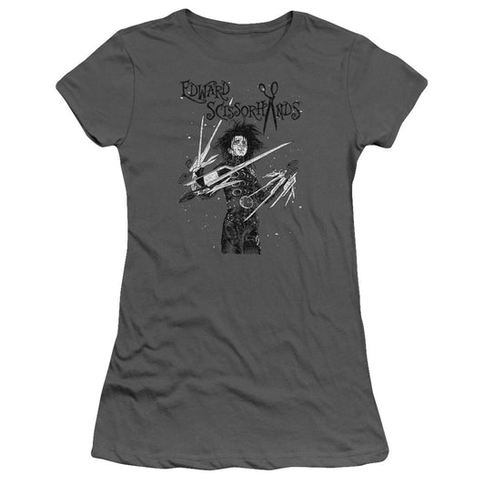 Edward Scissorhands Snowy Night Junior Sheer Cap Sleeve Womens T Shirt Charcoal