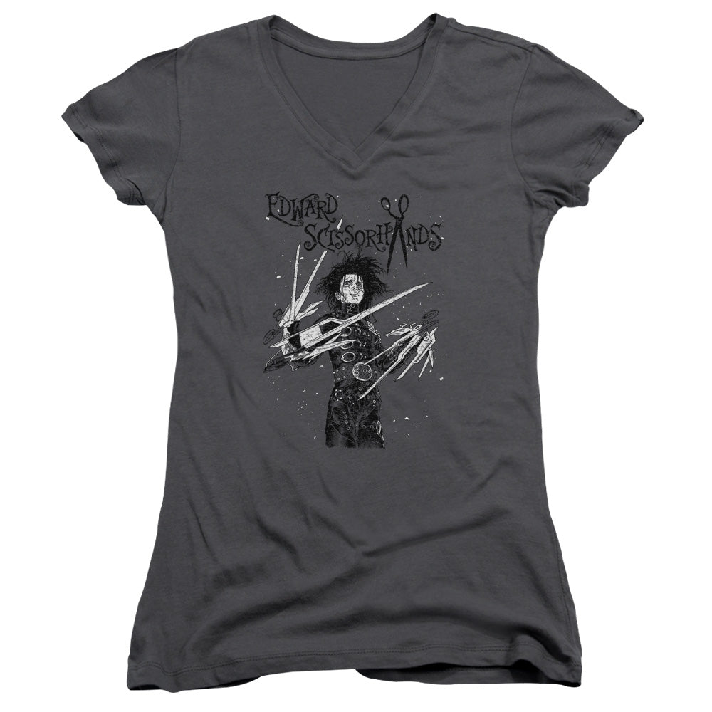 Edward Scissorhands Snowy Night Junior Sheer Cap Sleeve V-Neck Womens T Shirt Charcoal