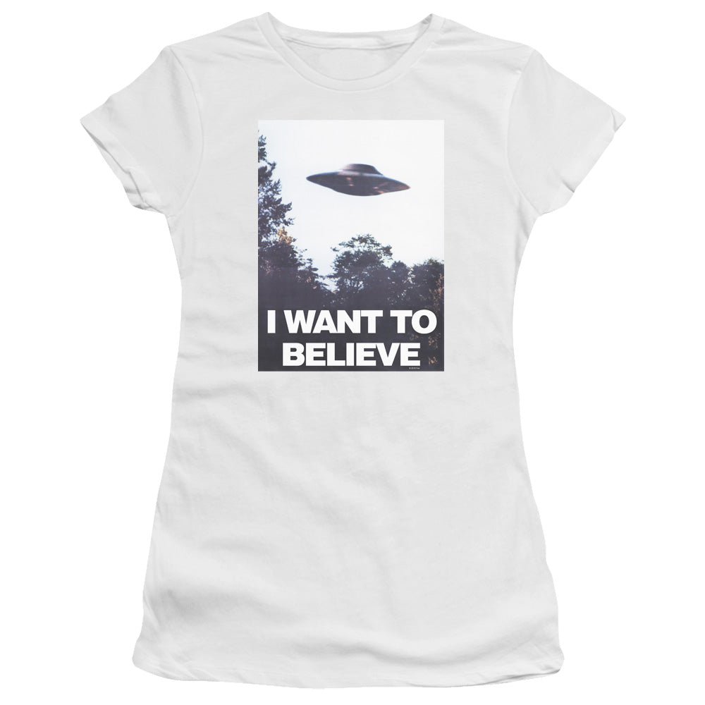 X Files Believe Poster Junior Sheer Cap Sleeve Womens T Shirt White