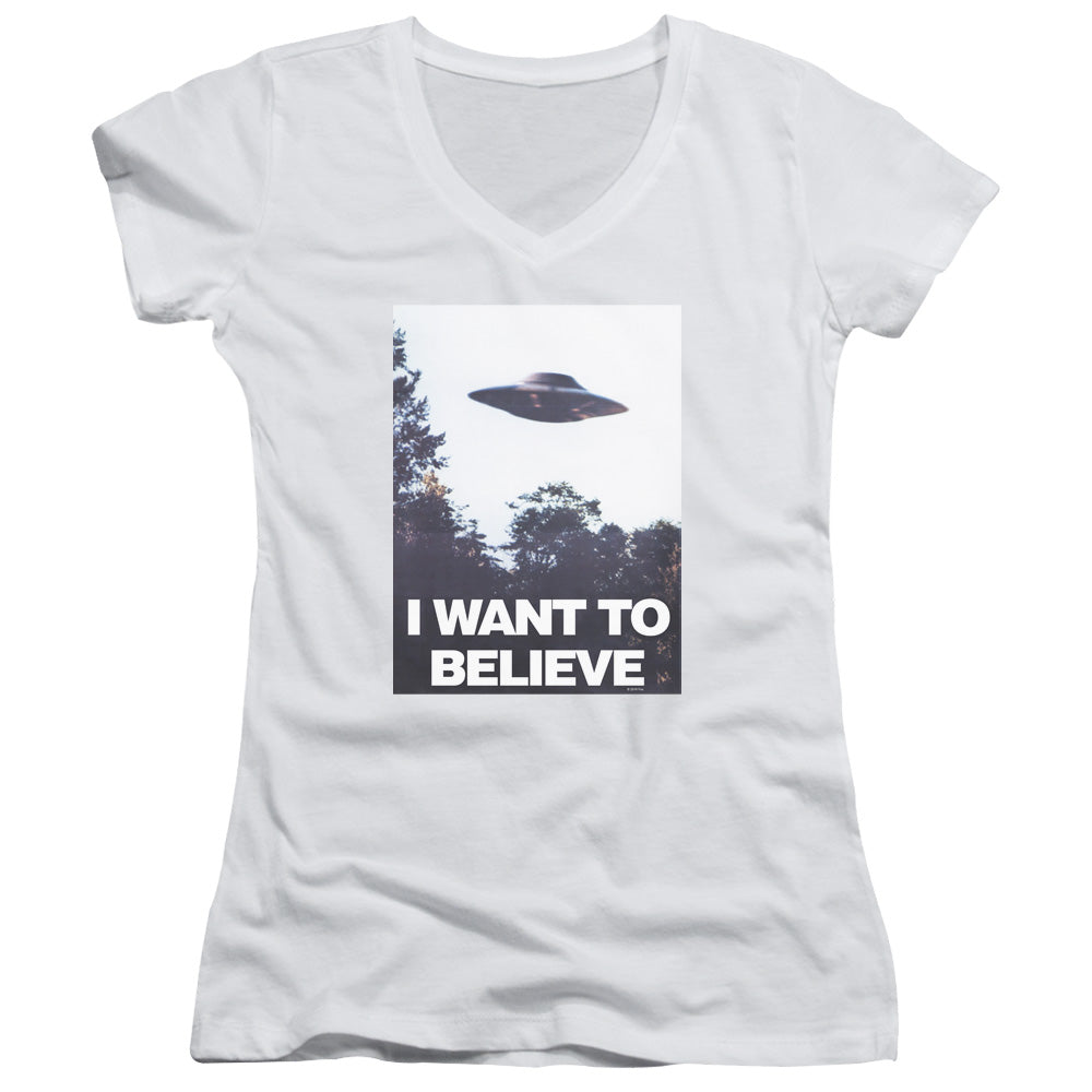 X Files Believe Poster Junior Sheer Cap Sleeve V-Neck Womens T Shirt White