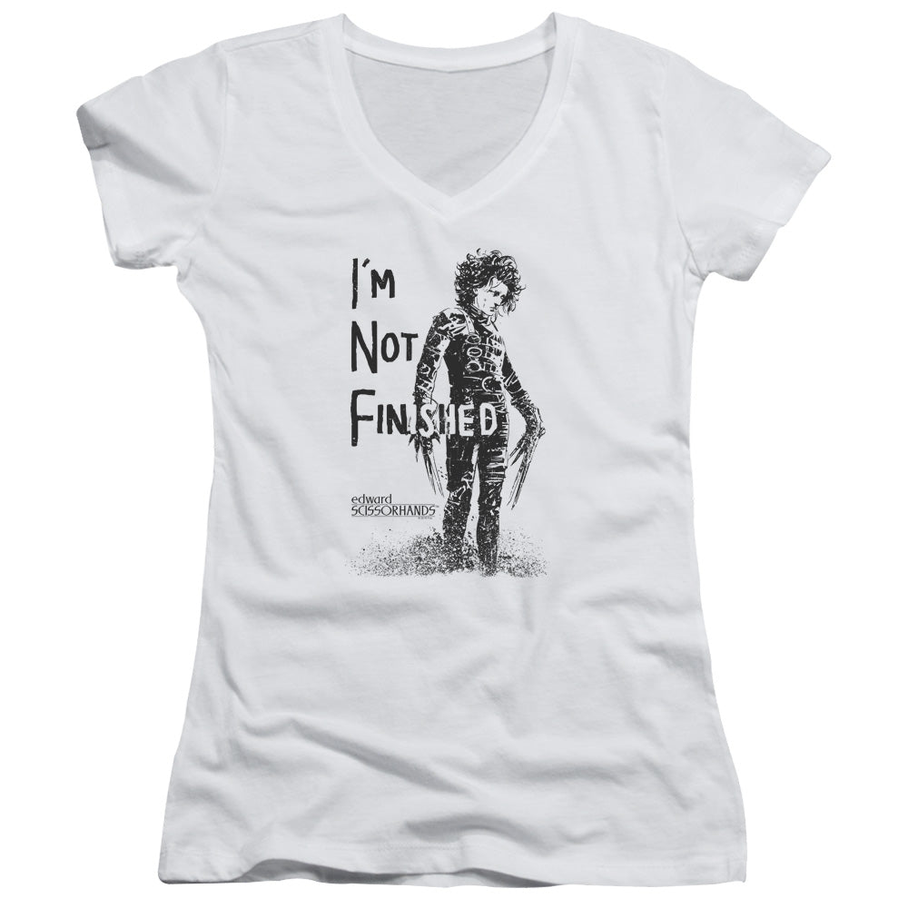 Edward Scissorhands Not Finished Junior Sheer Cap Sleeve V-Neck Womens T Shirt White