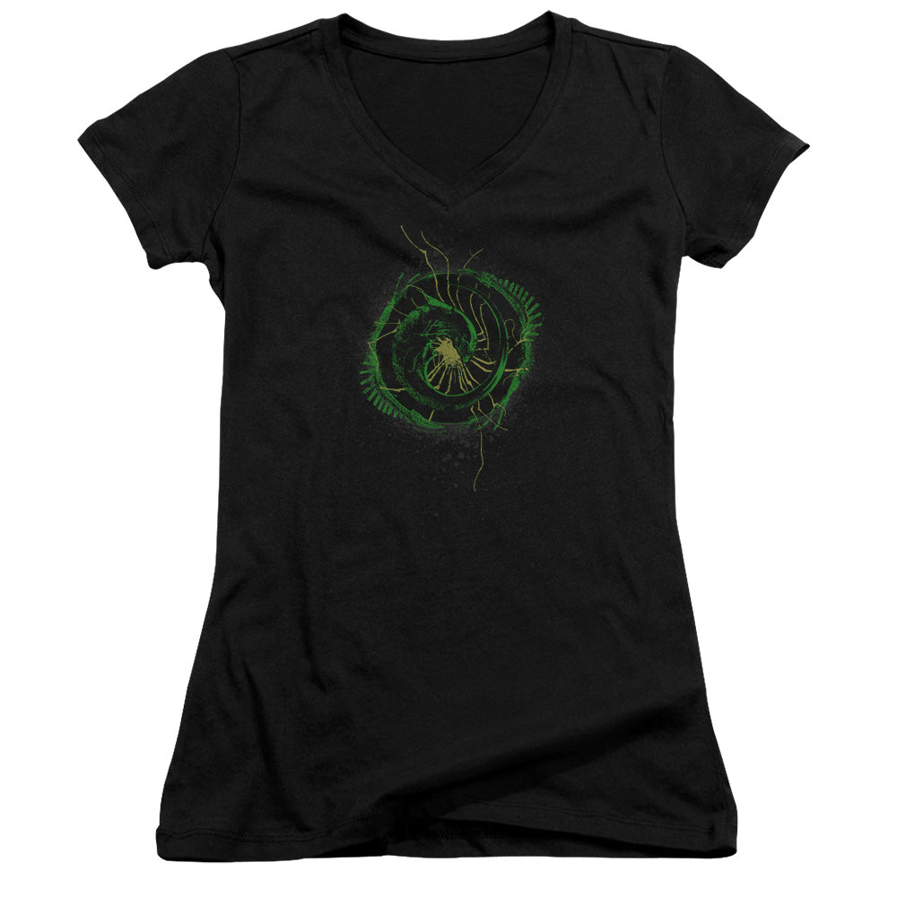 Alien Xenomorph Shield Junior Sheer Cap Sleeve V-Neck Womens T Shirt Black