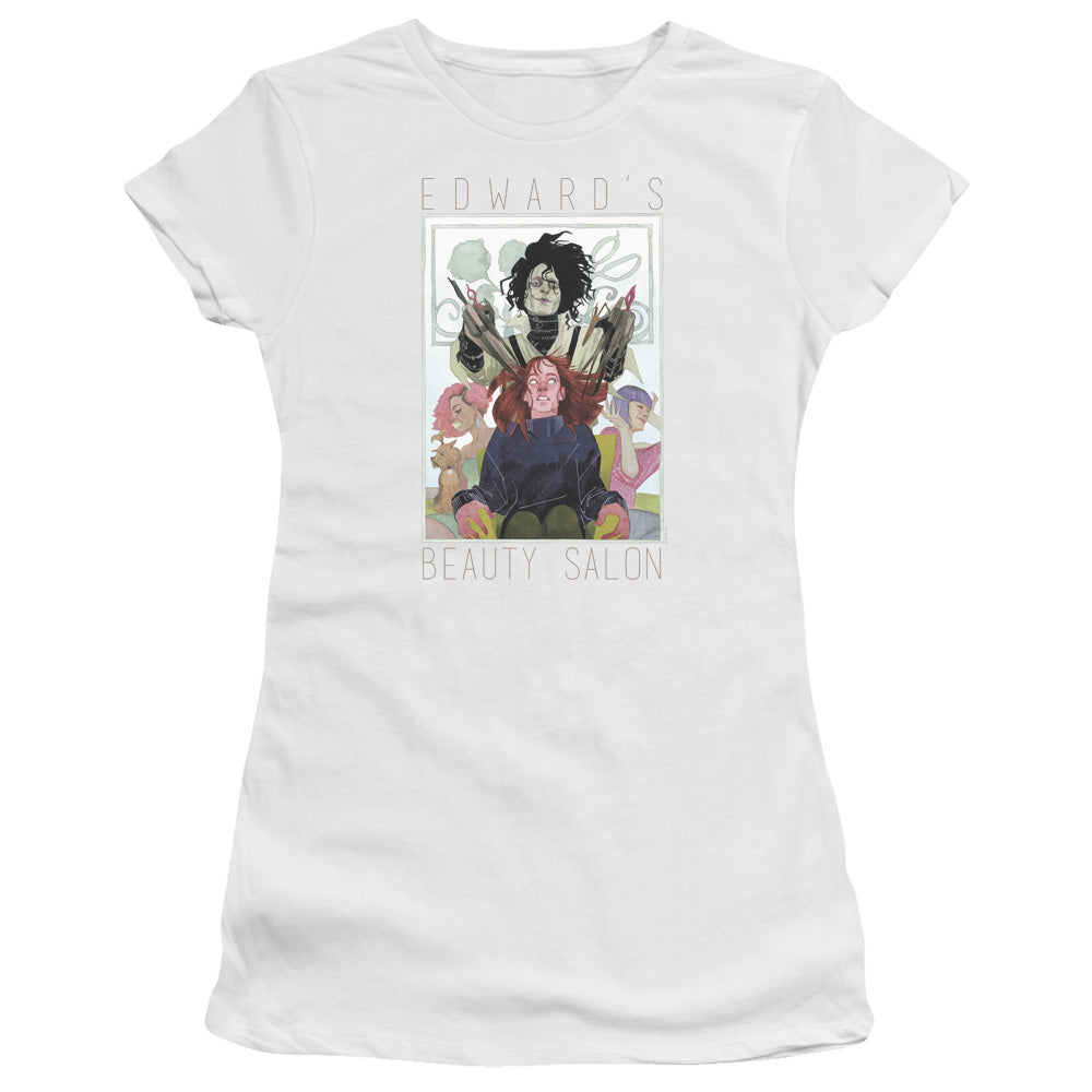 Edward Scissorhands Salon Junior Sheer Cap Sleeve Womens T Shirt White