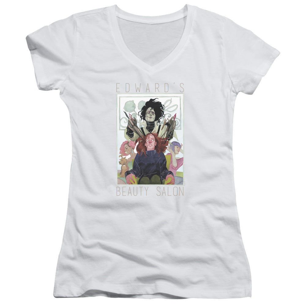 Edward Scissorhands Salon Junior Sheer Cap Sleeve V-Neck Womens T Shirt White