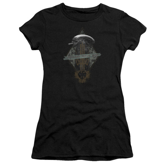 Alien Prison Planet Collage Junior Sheer Cap Sleeve Womens T Shirt Black