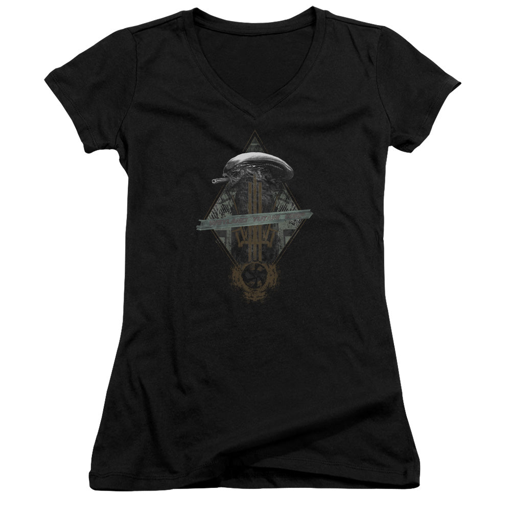 Alien Prison Planet Collage Junior Sheer Cap Sleeve V-Neck Womens T Shirt Black