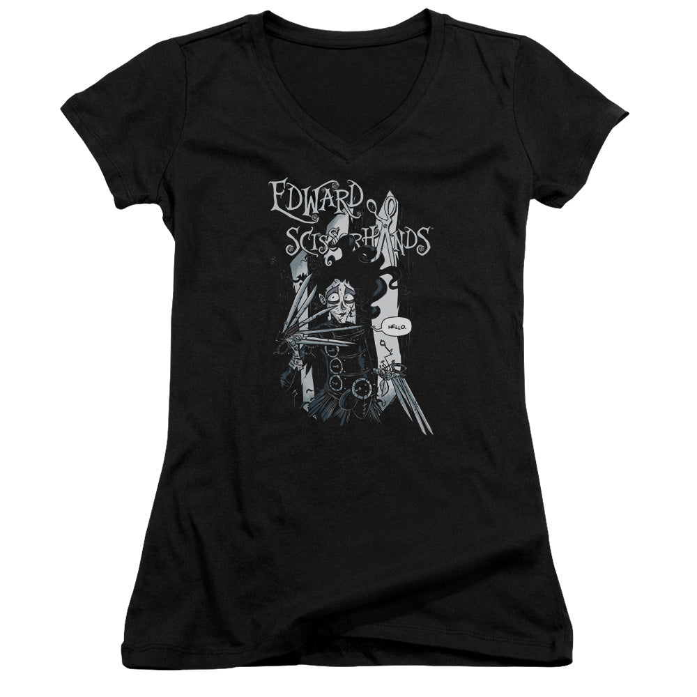 Edward Scissorhands Hello Junior Sheer Cap Sleeve V-Neck Womens T Shirt Black