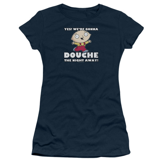 Family Guy Douche The Night Away Junior Sheer Cap Sleeve Womens T Shirt Navy Blue