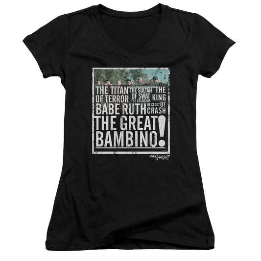 The Sandlot The Great Bambino Junior Sheer Cap Sleeve V-Neck Womens T Shirt Black