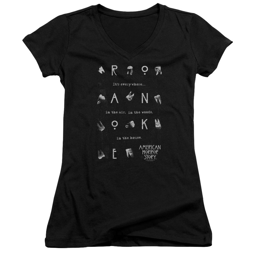 American Horror Story Chatter Box Junior Sheer Cap Sleeve V-Neck Womens T Shirt Black