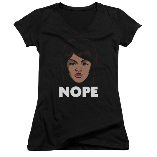 Archer Lana Nope Junior Sheer Cap Sleeve V-Neck Womens T Shirt Black