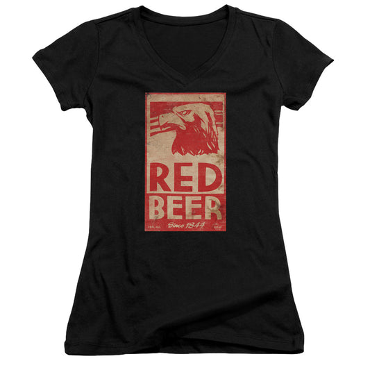 Archer Red Beer Label Junior Sheer Cap Sleeve V-Neck Womens T Shirt Black